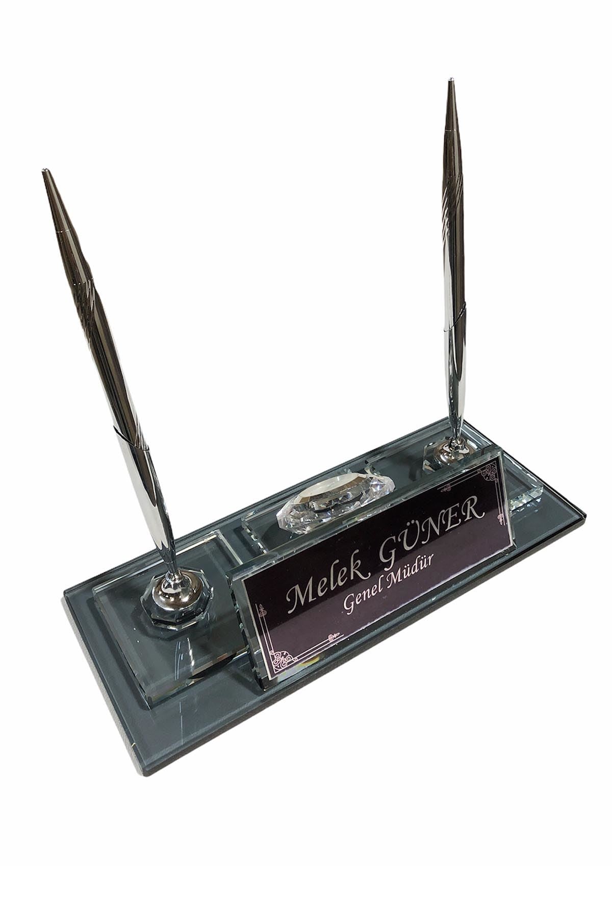 MOOG Black Glass Desk Name Plate With Clock