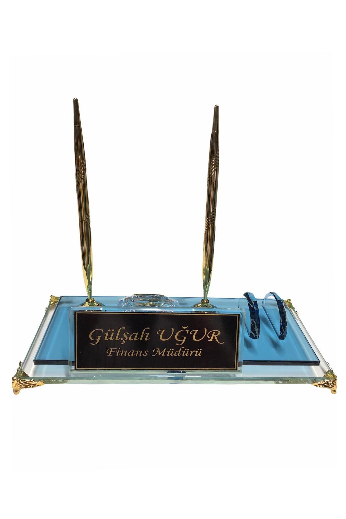 MOOG Blue Glass Desk Name Plate With Clock