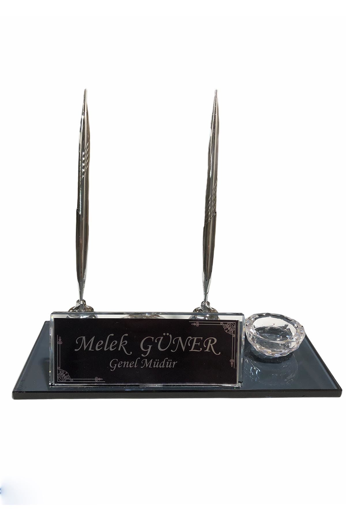 MOOG Black Glass Desk Name Plate With Clock