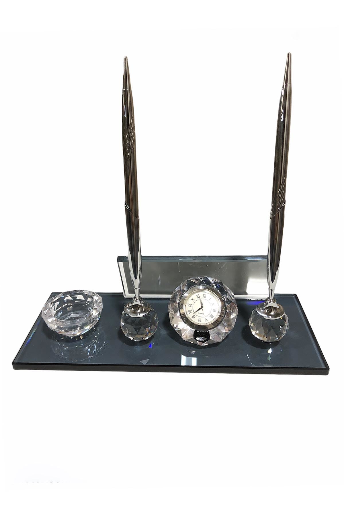 MOOG Black Glass Desk Name Plate With Clock