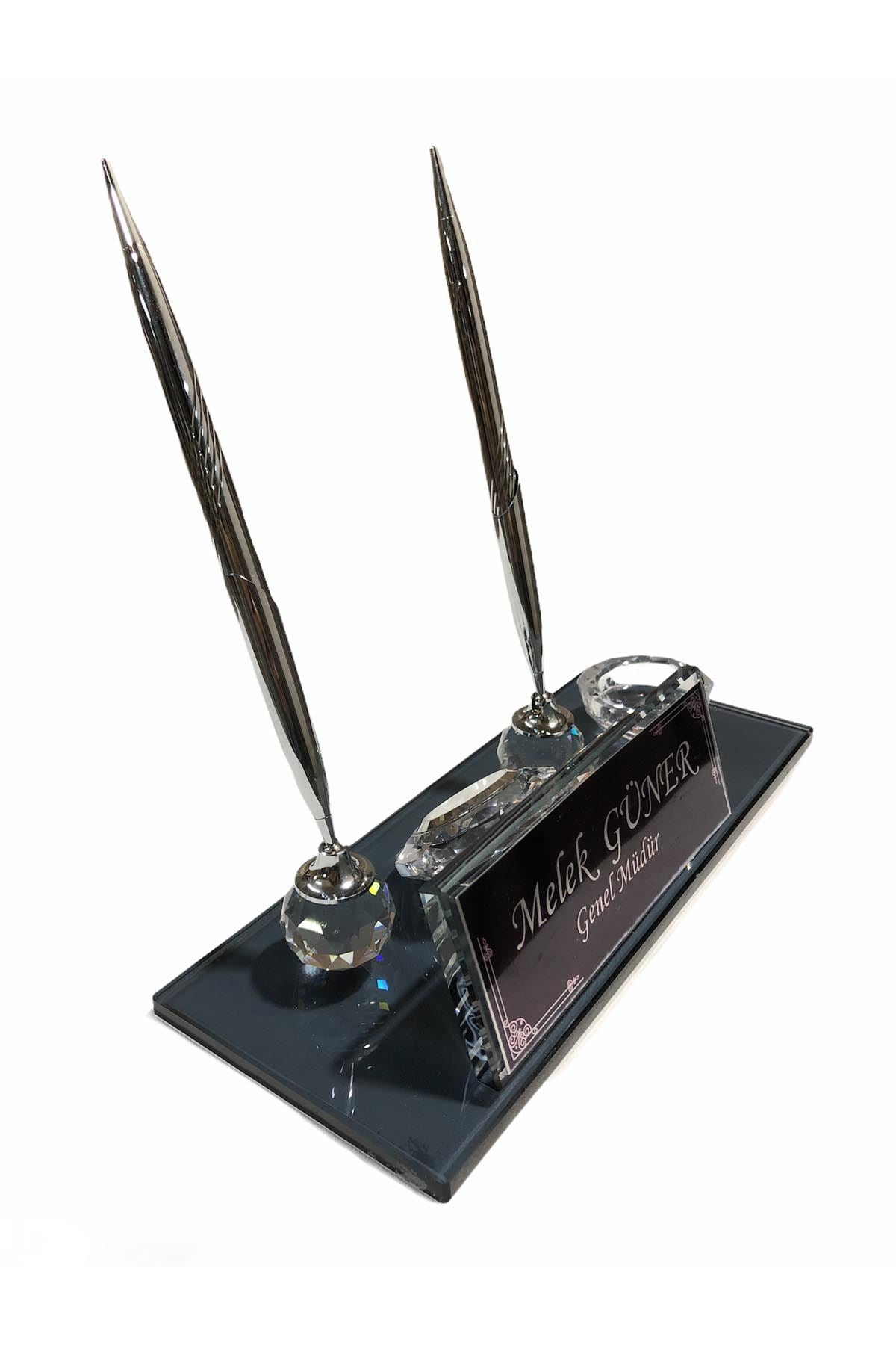 MOOG Black Glass Desk Name Plate With Clock