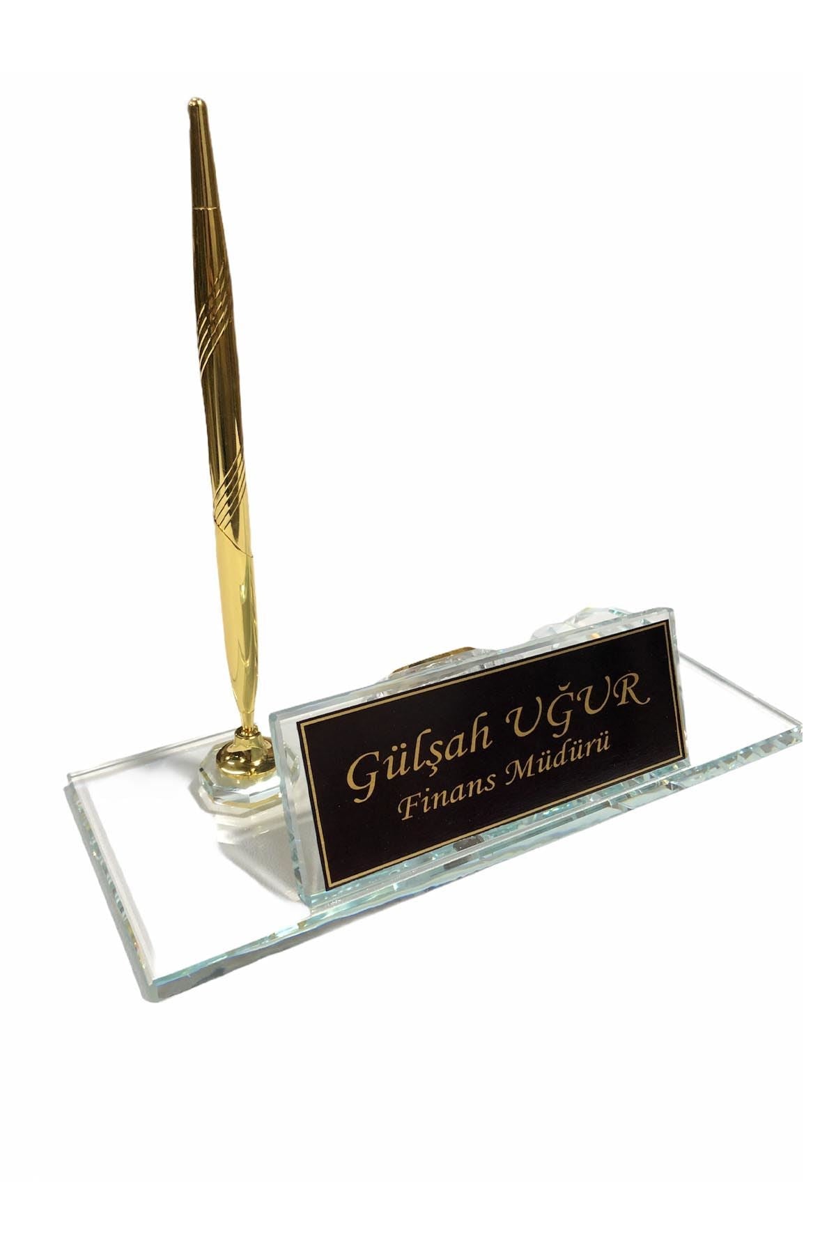 MOOG Black Glass Desk Name Plate With Clock
