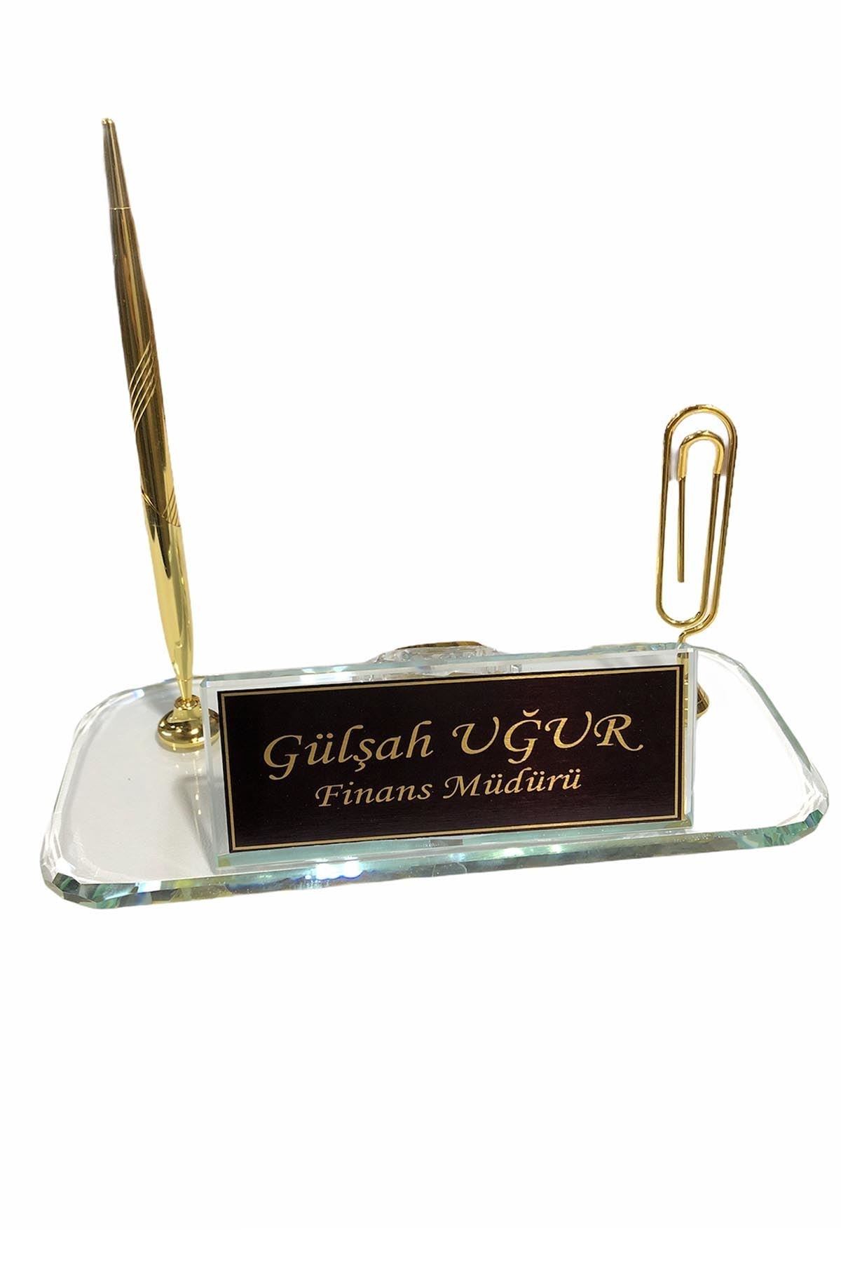 MOOG Glass Desk Name Plate With Golden Pen