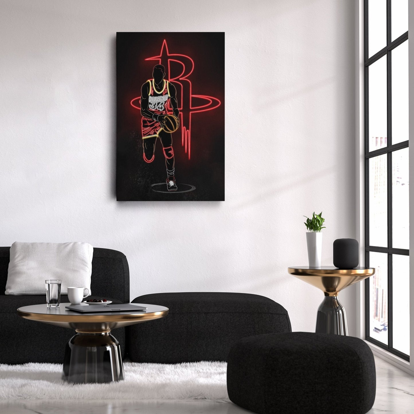 Hakeem Olajuwon Neon Canvas Art | Rockets Wall Decor