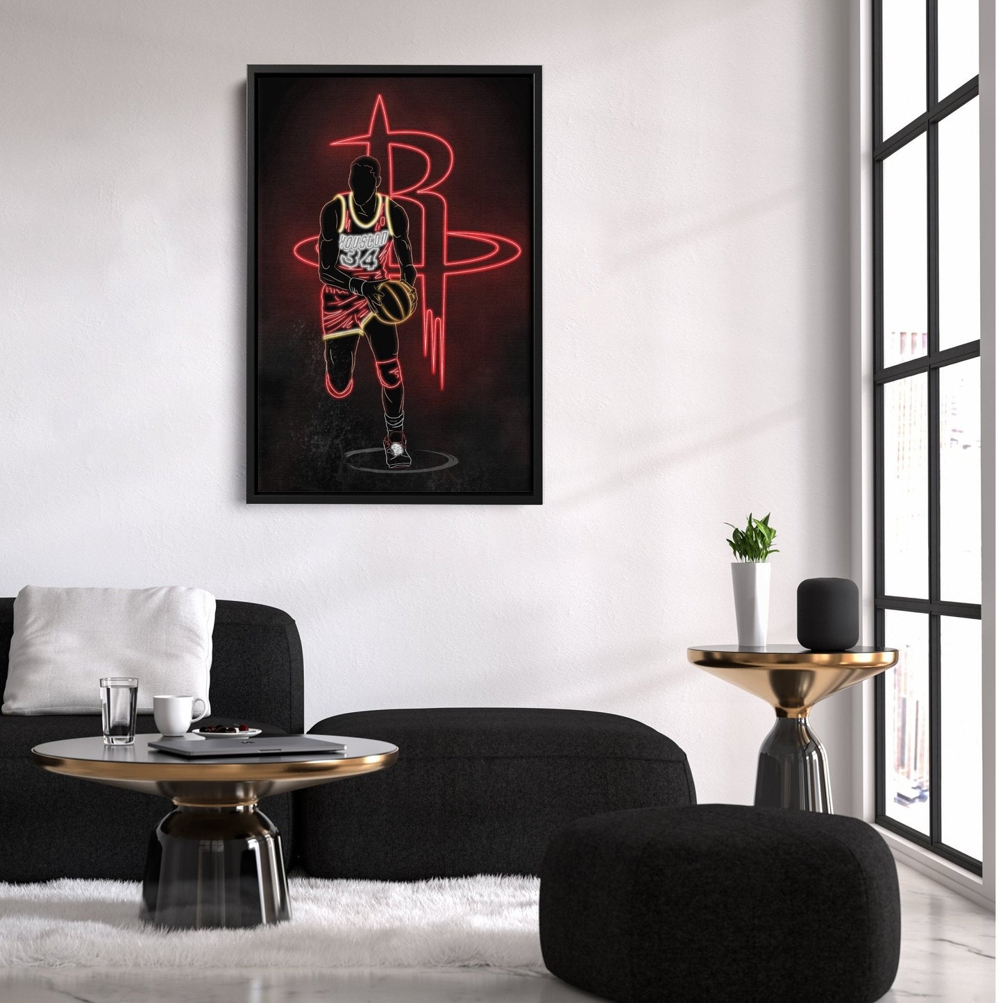 Hakeem Olajuwon Neon Canvas Art | Rockets Wall Decor