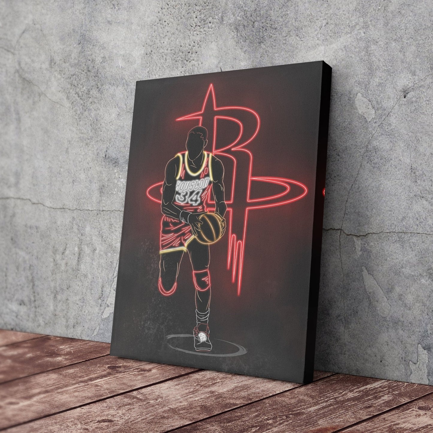 Hakeem Olajuwon Neon Canvas Art | Rockets Wall Decor