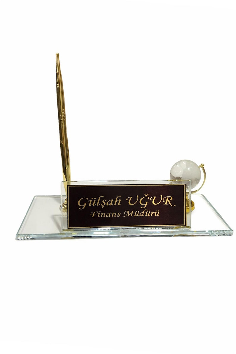 MOOG Black Glass Desk Name Plate With Clock