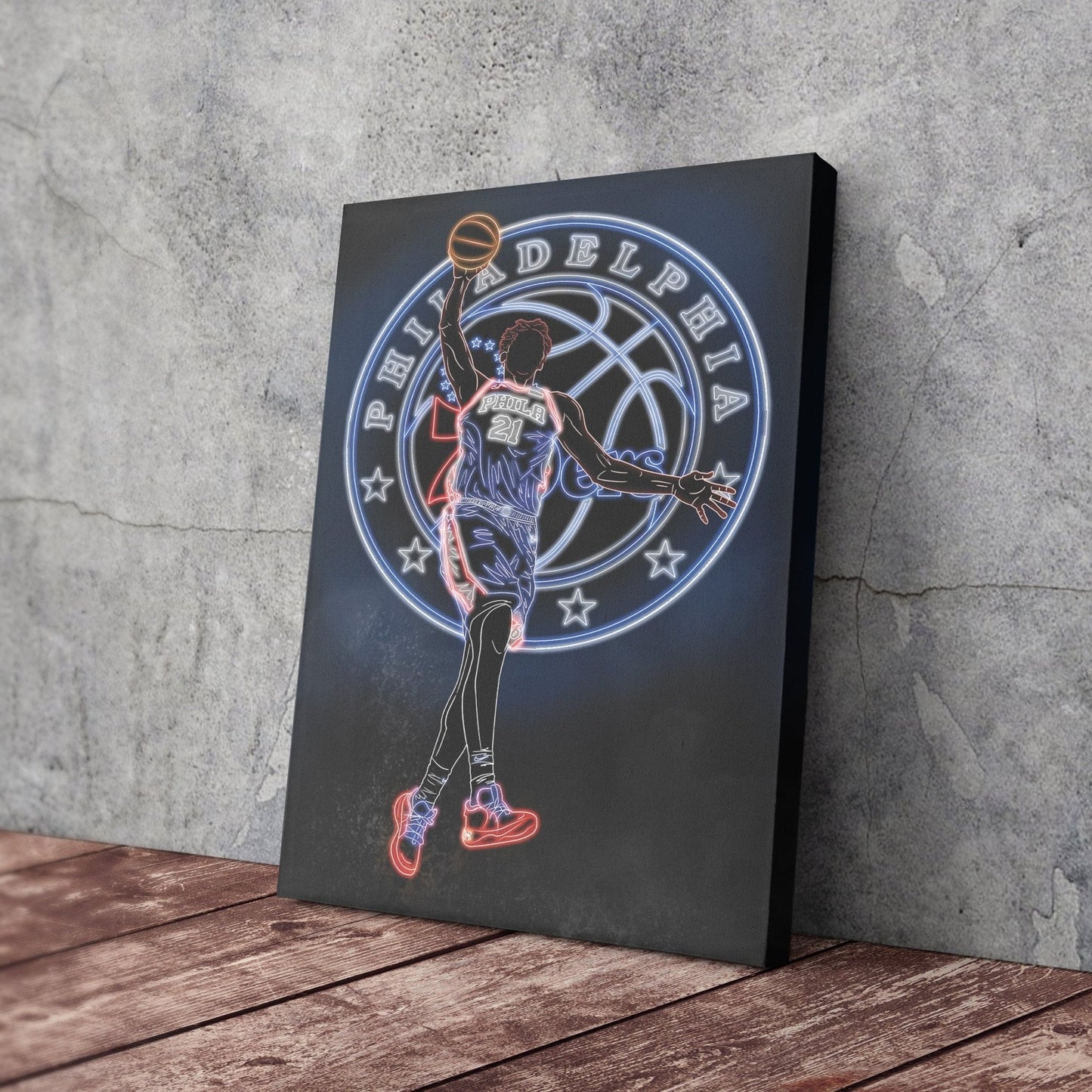 Joel Embiid Neon Canvas Art | 76ers Wall Decor