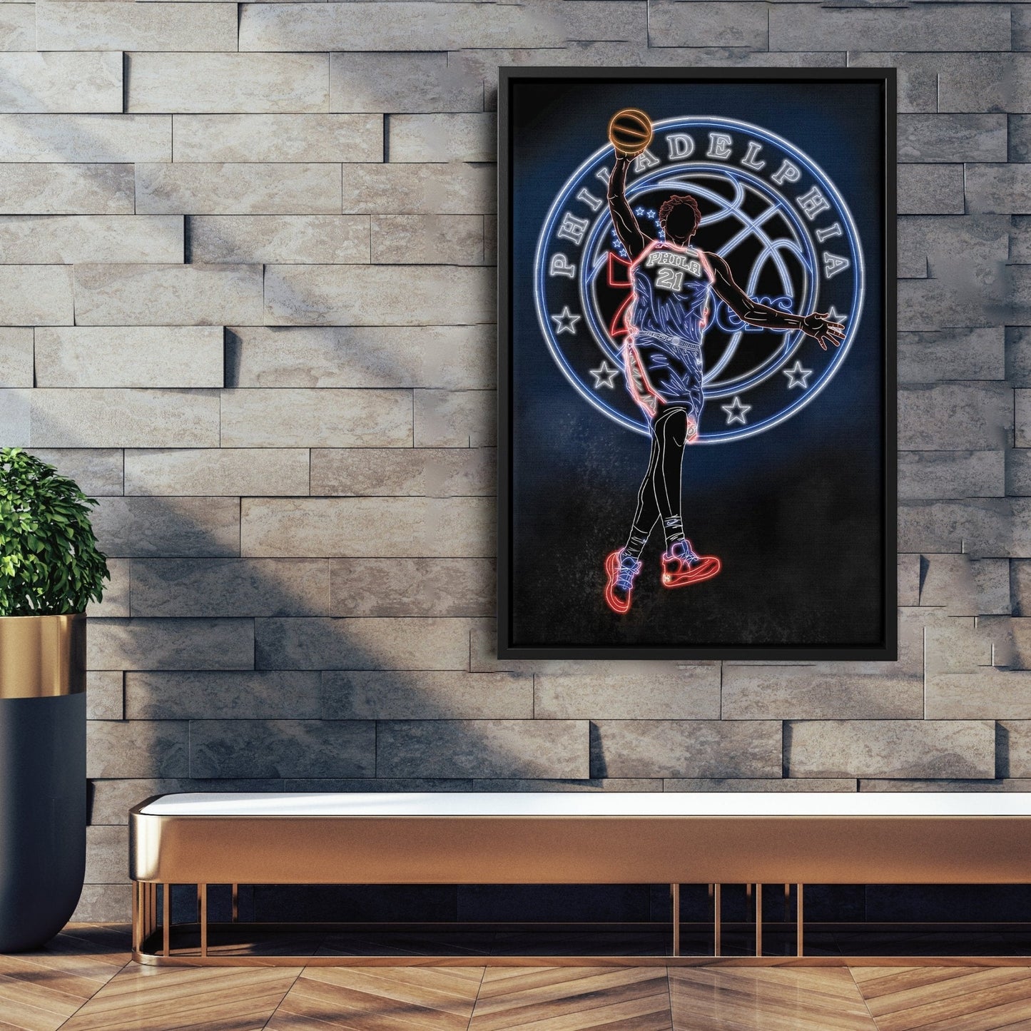 Joel Embiid Neon Canvas Art | 76ers Wall Decor