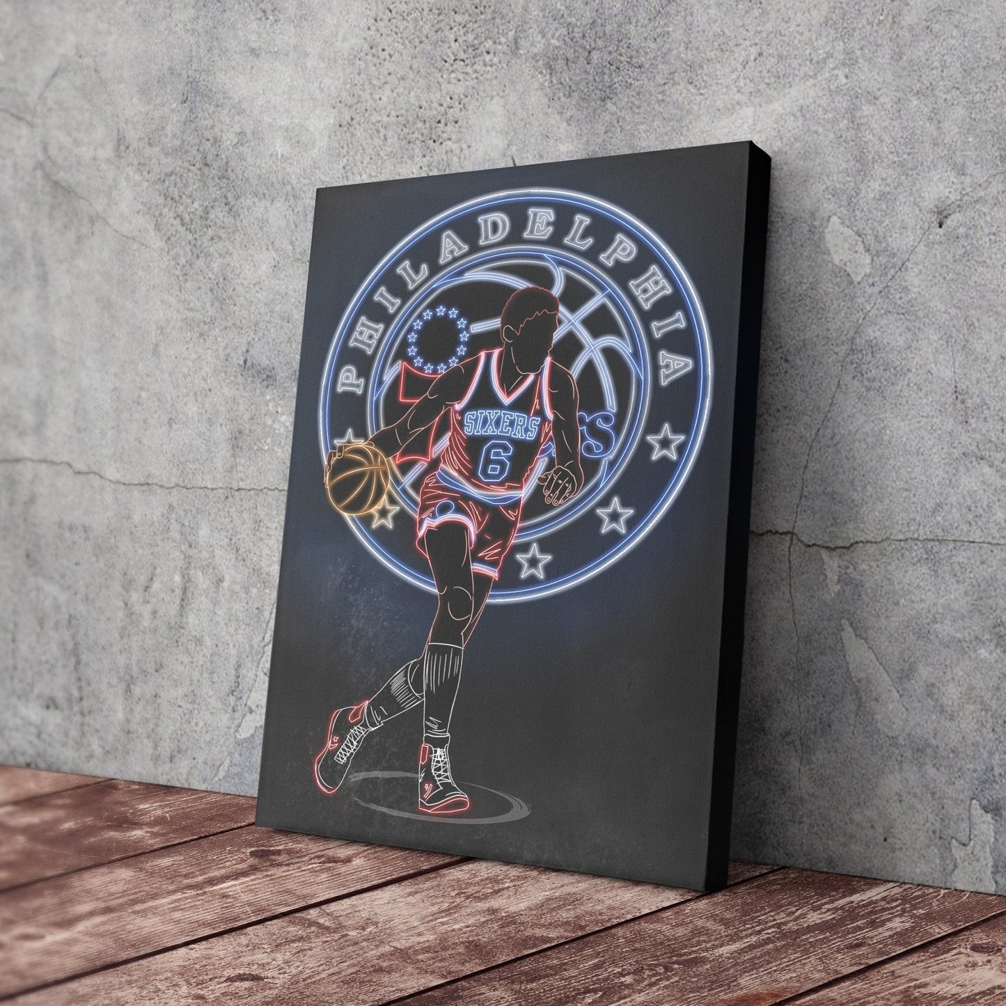 Julius Erving Neon Canvas Art | 76ers Wall Decor