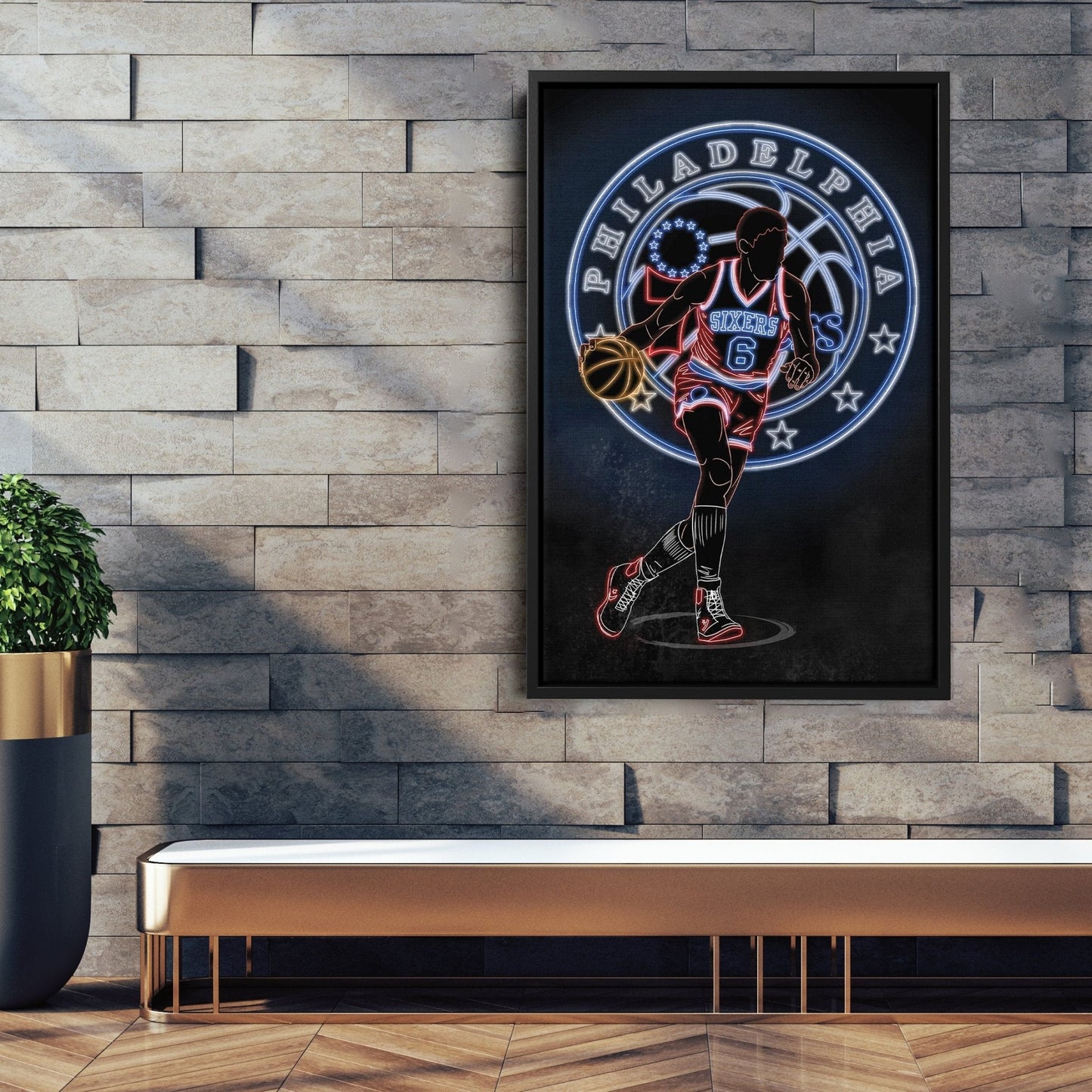 Julius Erving Neon Canvas Art | 76ers Wall Decor