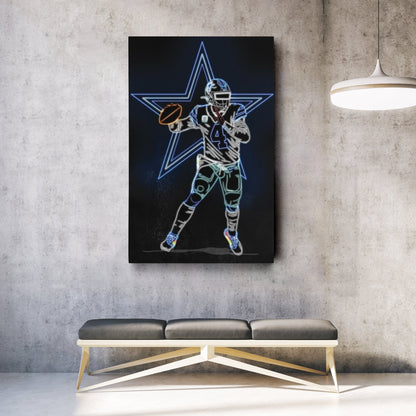 Dak Prescott Neon Canvas Art | Cowboys Wall Decor