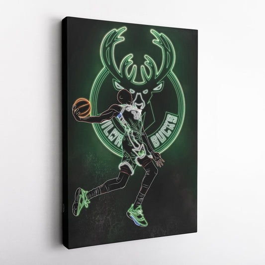 Giannis Antetokounmpo Neon Canvas Art | Bucks Wall Decor