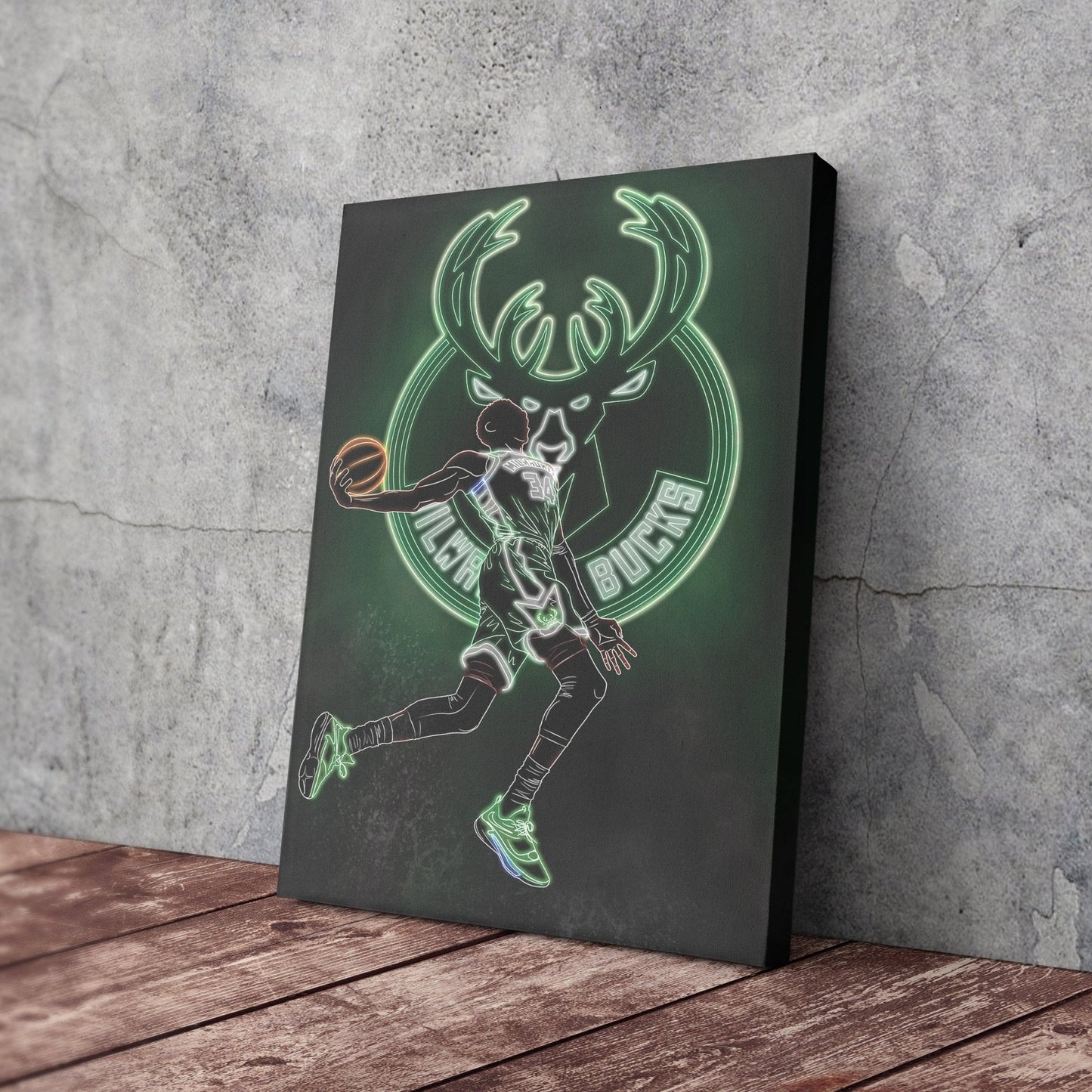 Giannis Antetokounmpo Neon Canvas Art | Bucks Wall Decor