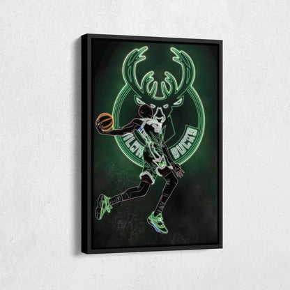 Giannis Antetokounmpo Neon Canvas Art | Bucks Wall Decor