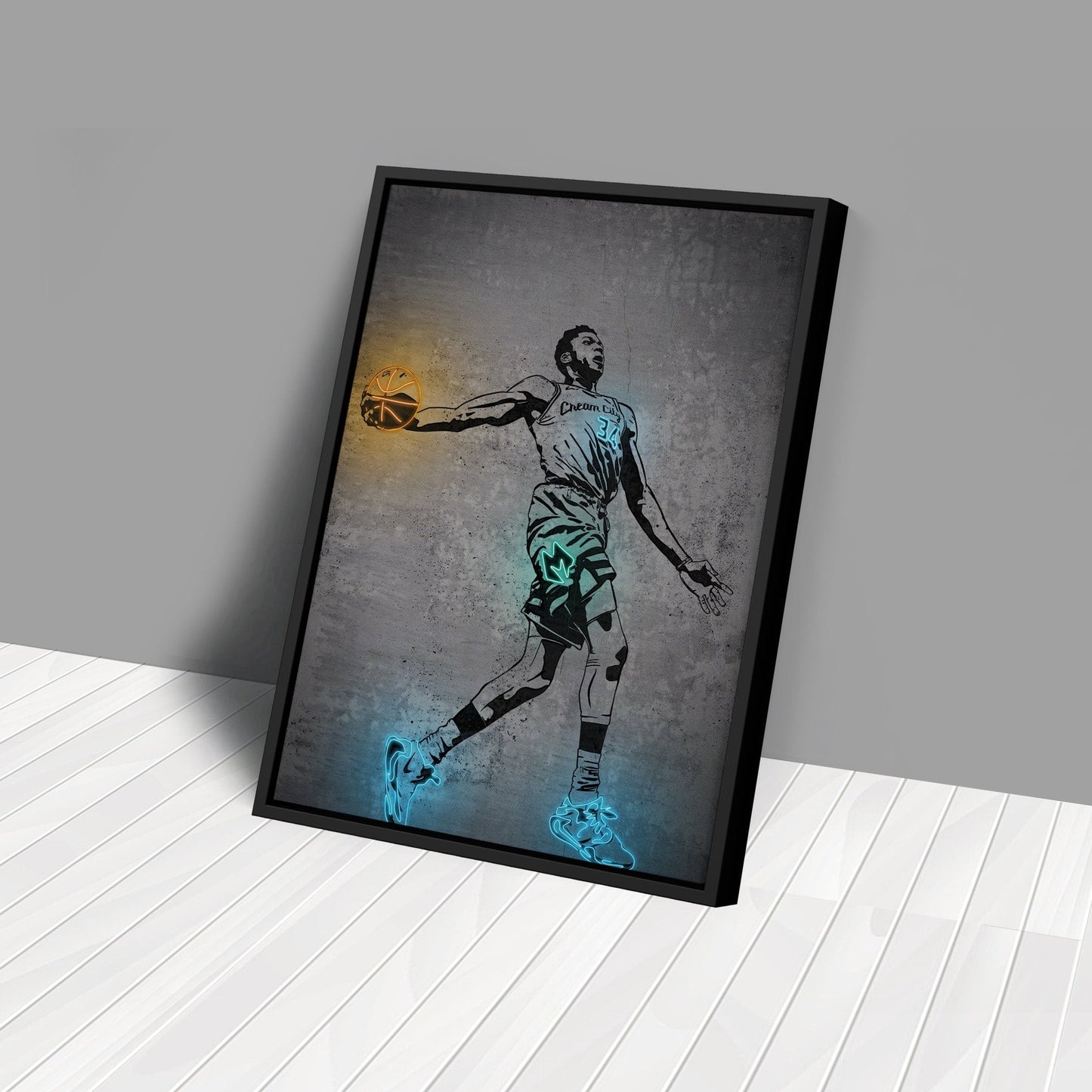 Giannis Antetokounmpo Neon Canvas Art | Modern Wall Decor for Bucks Fans