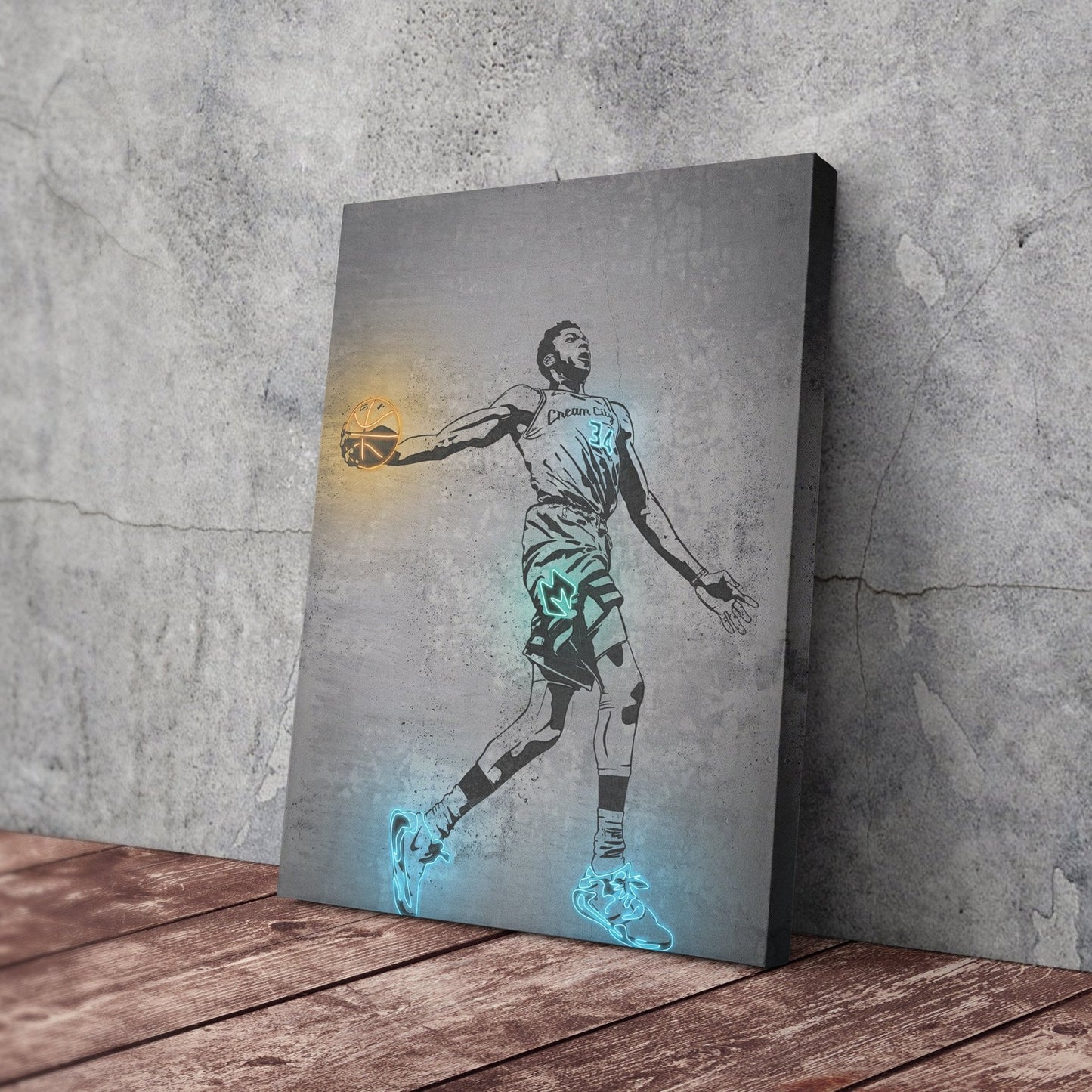Giannis Antetokounmpo Neon Canvas Art | Modern Wall Decor for Bucks Fans