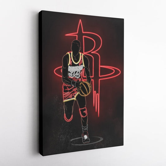 Hakeem Olajuwon Neon Canvas Art | Rockets Wall Decor