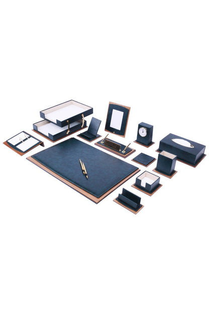MOOG Star Lux Leather Desk Set -Walnut Wood Combination - Green -14 PCS