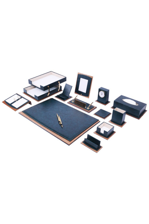 MOOG Star Lux Leather Desk Set -Walnut Wood Combination - Green -14 PCS