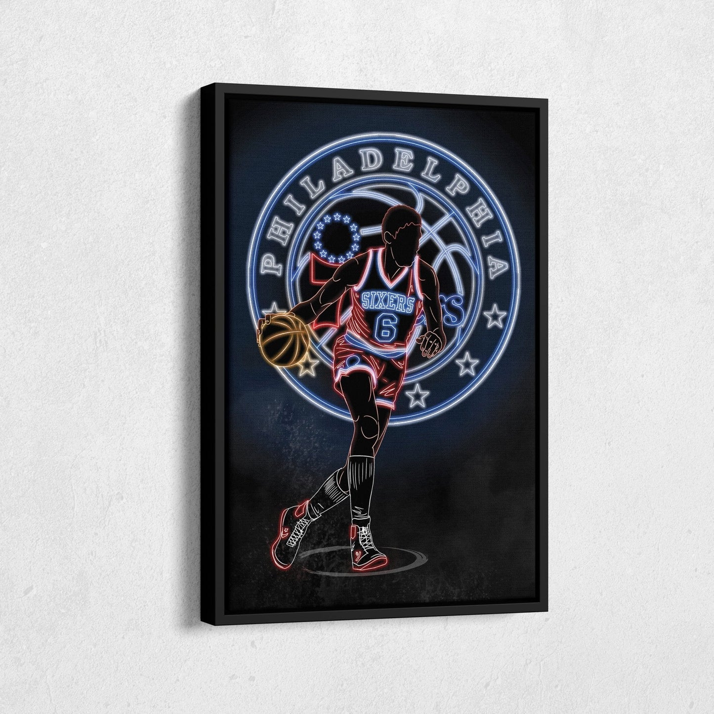 Julius Erving Neon Canvas Art | 76ers Wall Decor
