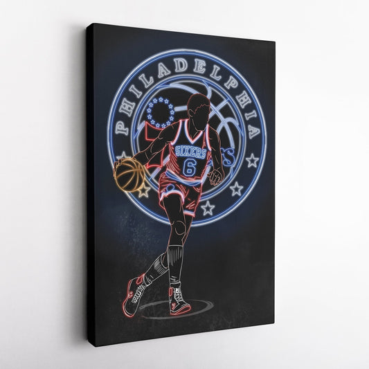 Julius Erving Neon Canvas Art | 76ers Wall Decor