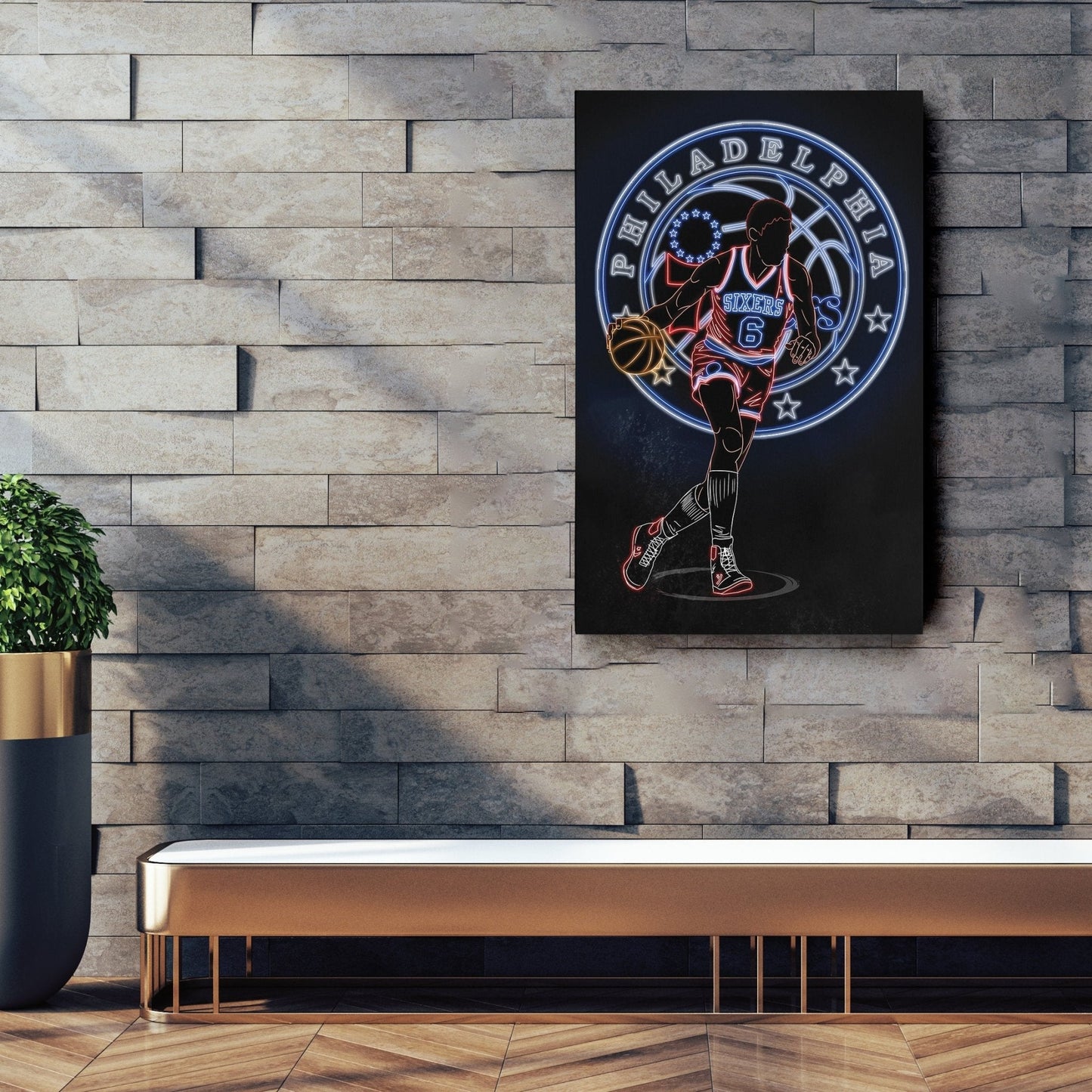 Julius Erving Neon Canvas Art | 76ers Wall Decor