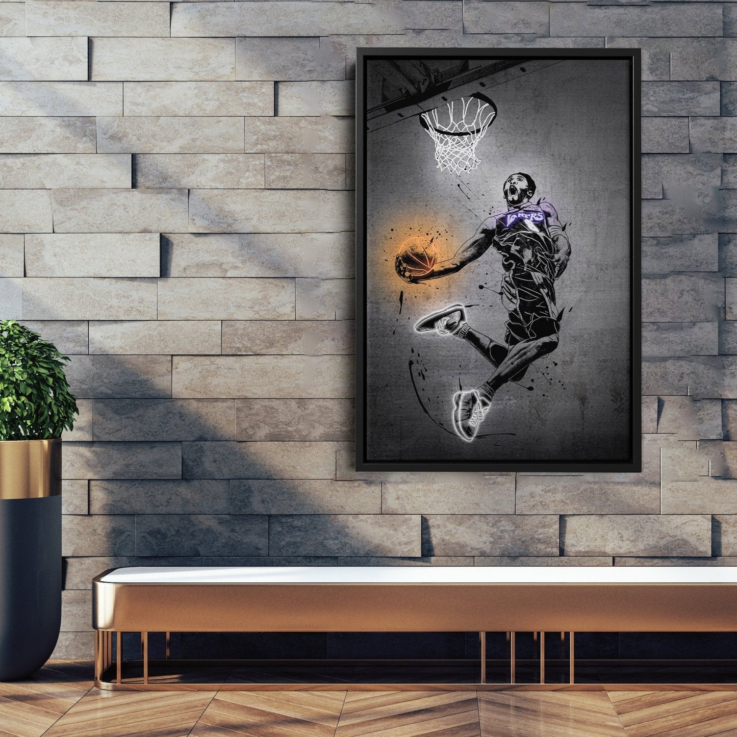 Kobe Bryant Dunk Neon Canvas Art | Modern Wall Decor for Lakers Fans